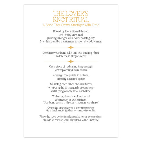 Luxury ritual card featuring gold Art Deco design on deep green with mirrored spirits sharing flame. Contains love binding ceremony with red string ritual. Ideal wedding or romantic gift for couples seeking spiritual connection.